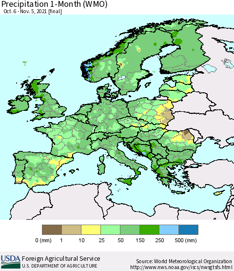 Europe Precipitation 1-Month (WMO) Thematic Map For 10/6/2021 - 11/5/2021
