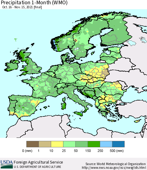Europe Precipitation 1-Month (WMO) Thematic Map For 10/16/2021 - 11/15/2021