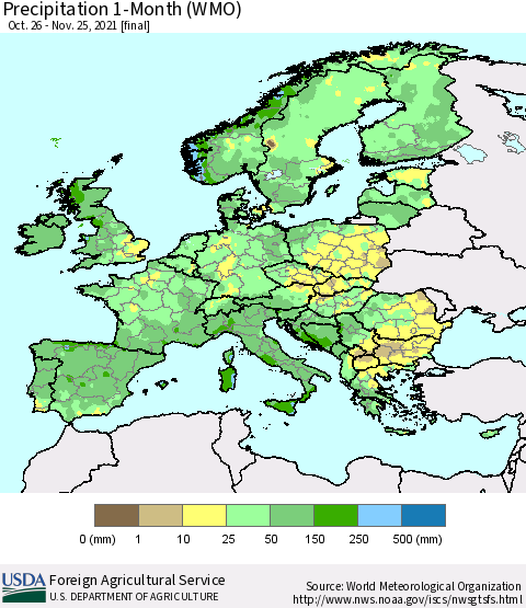 Europe Precipitation 1-Month (WMO) Thematic Map For 10/26/2021 - 11/25/2021