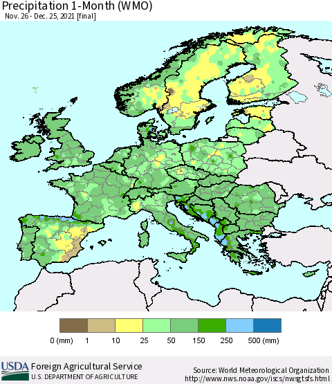 Europe Precipitation 1-Month (WMO) Thematic Map For 11/26/2021 - 12/25/2021
