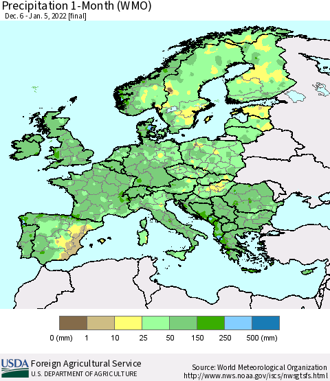 Europe Precipitation 1-Month (WMO) Thematic Map For 12/6/2021 - 1/5/2022