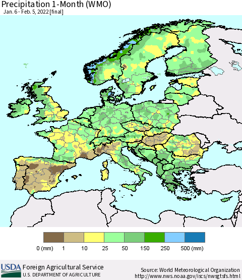 Europe Precipitation 1-Month (WMO) Thematic Map For 1/6/2022 - 2/5/2022