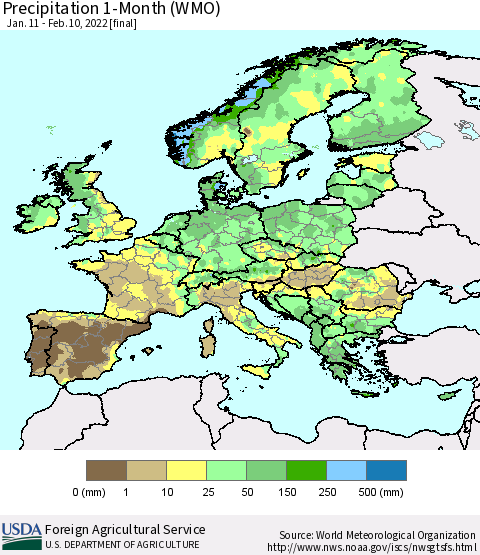 Europe Precipitation 1-Month (WMO) Thematic Map For 1/11/2022 - 2/10/2022