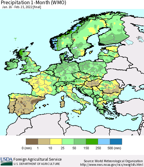 Europe Precipitation 1-Month (WMO) Thematic Map For 1/16/2022 - 2/15/2022