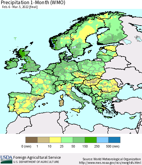 Europe Precipitation 1-Month (WMO) Thematic Map For 2/6/2022 - 3/5/2022