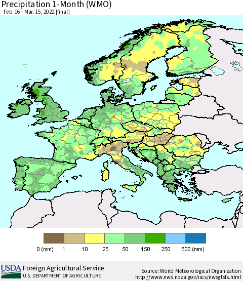 Europe Precipitation 1-Month (WMO) Thematic Map For 2/16/2022 - 3/15/2022