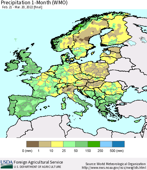 Europe Precipitation 1-Month (WMO) Thematic Map For 2/21/2022 - 3/20/2022