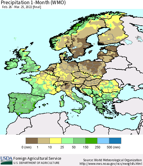 Europe Precipitation 1-Month (WMO) Thematic Map For 2/26/2022 - 3/25/2022