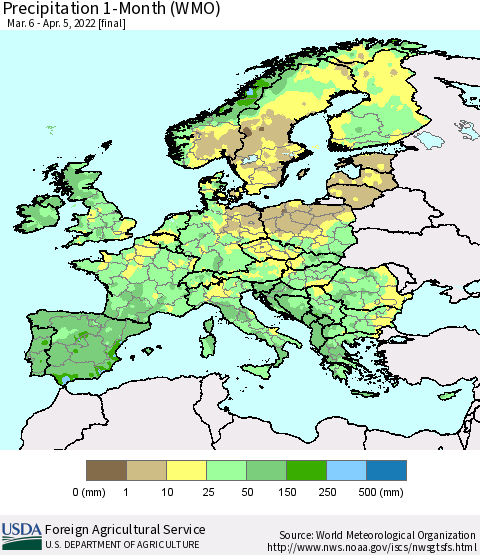 Europe Precipitation 1-Month (WMO) Thematic Map For 3/6/2022 - 4/5/2022