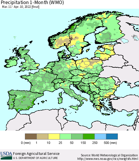 Europe Precipitation 1-Month (WMO) Thematic Map For 3/11/2022 - 4/10/2022