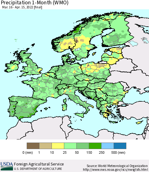 Europe Precipitation 1-Month (WMO) Thematic Map For 3/16/2022 - 4/15/2022