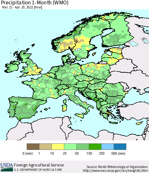 Europe Precipitation 1-Month (WMO) Thematic Map For 3/21/2022 - 4/20/2022