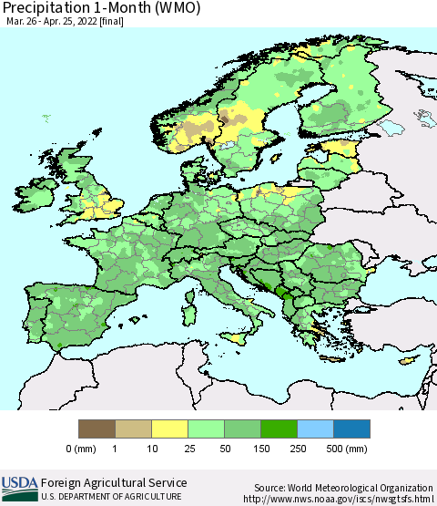 Europe Precipitation 1-Month (WMO) Thematic Map For 3/26/2022 - 4/25/2022