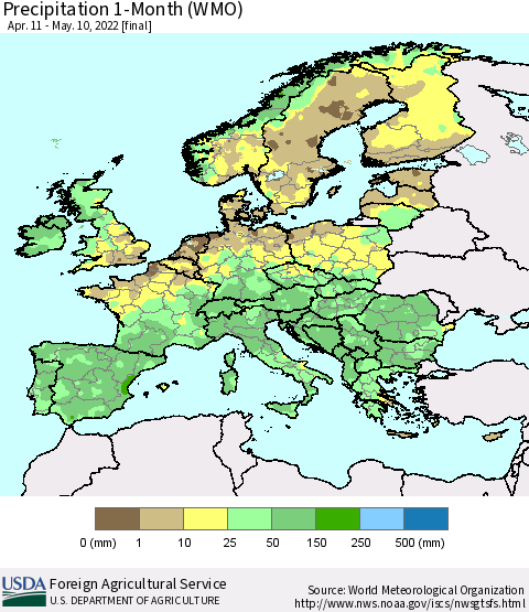 Europe Precipitation 1-Month (WMO) Thematic Map For 4/11/2022 - 5/10/2022