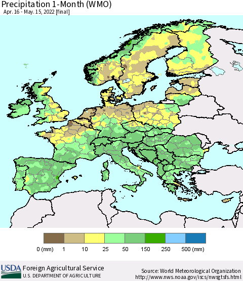 Europe Precipitation 1-Month (WMO) Thematic Map For 4/16/2022 - 5/15/2022