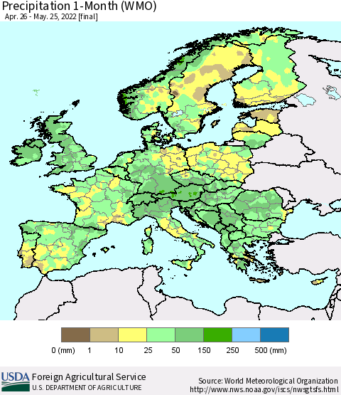 Europe Precipitation 1-Month (WMO) Thematic Map For 4/26/2022 - 5/25/2022