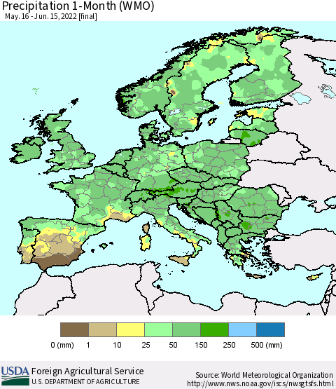 Europe Precipitation 1-Month (WMO) Thematic Map For 5/16/2022 - 6/15/2022