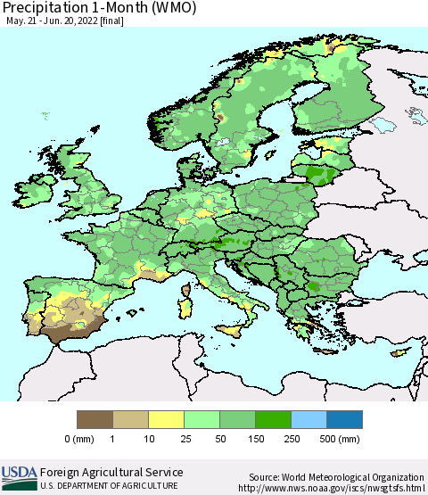 Europe Precipitation 1-Month (WMO) Thematic Map For 5/21/2022 - 6/20/2022