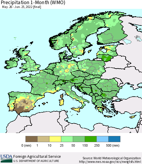 Europe Precipitation 1-Month (WMO) Thematic Map For 5/26/2022 - 6/25/2022
