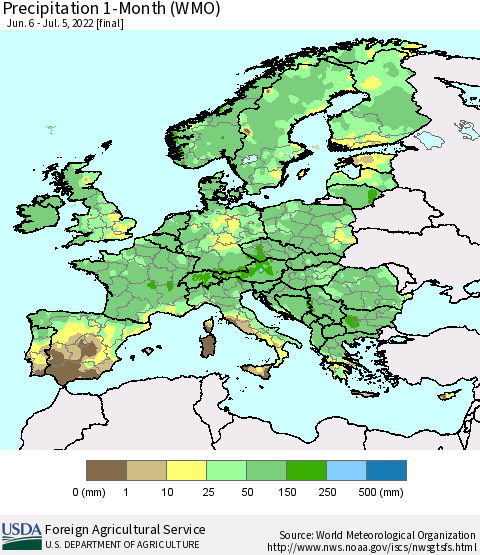 Europe Precipitation 1-Month (WMO) Thematic Map For 6/6/2022 - 7/5/2022