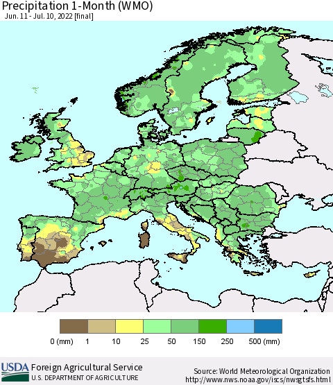 Europe Precipitation 1-Month (WMO) Thematic Map For 6/11/2022 - 7/10/2022