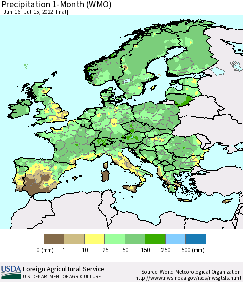 Europe Precipitation 1-Month (WMO) Thematic Map For 6/16/2022 - 7/15/2022