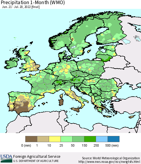 Europe Precipitation 1-Month (WMO) Thematic Map For 6/21/2022 - 7/20/2022