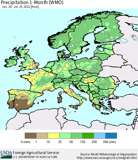 Europe Precipitation 1-Month (WMO) Thematic Map For 6/26/2022 - 7/25/2022