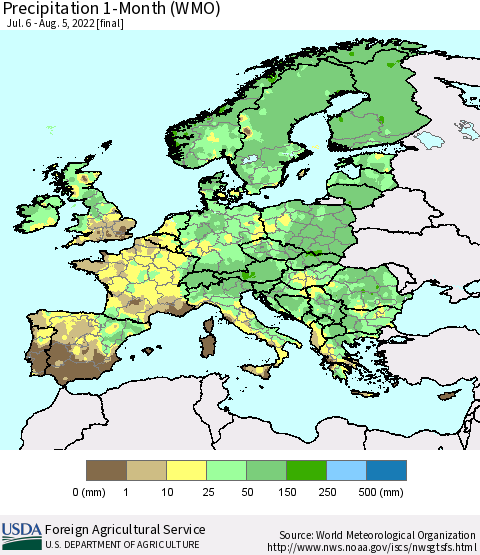 Europe Precipitation 1-Month (WMO) Thematic Map For 7/6/2022 - 8/5/2022