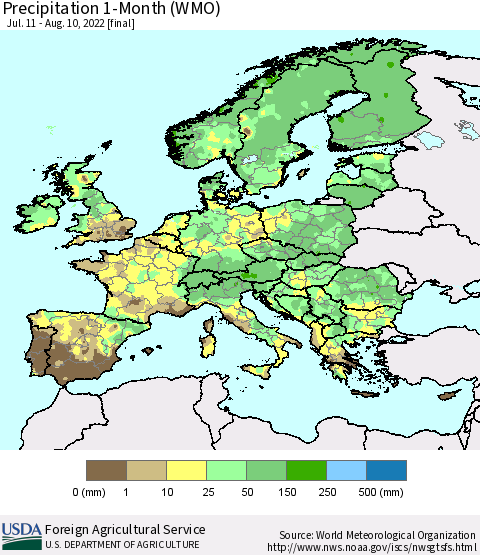 Europe Precipitation 1-Month (WMO) Thematic Map For 7/11/2022 - 8/10/2022