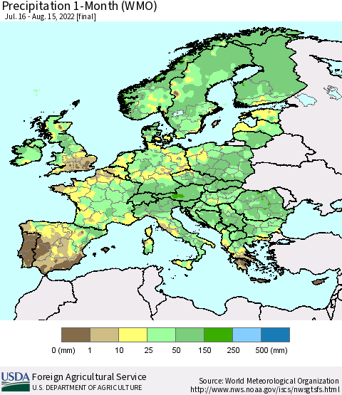 Europe Precipitation 1-Month (WMO) Thematic Map For 7/16/2022 - 8/15/2022