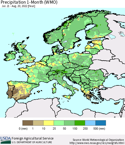 Europe Precipitation 1-Month (WMO) Thematic Map For 7/21/2022 - 8/20/2022