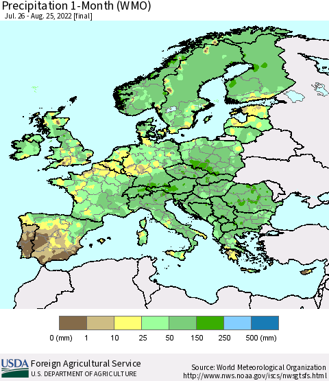 Europe Precipitation 1-Month (WMO) Thematic Map For 7/26/2022 - 8/25/2022
