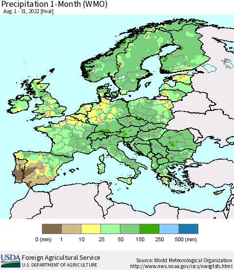 Europe Precipitation 1-Month (WMO) Thematic Map For 8/1/2022 - 8/31/2022