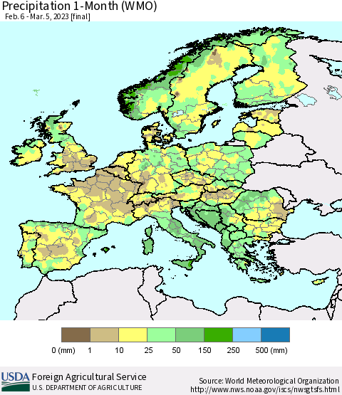 Europe Precipitation 1-Month (WMO) Thematic Map For 2/6/2023 - 3/5/2023