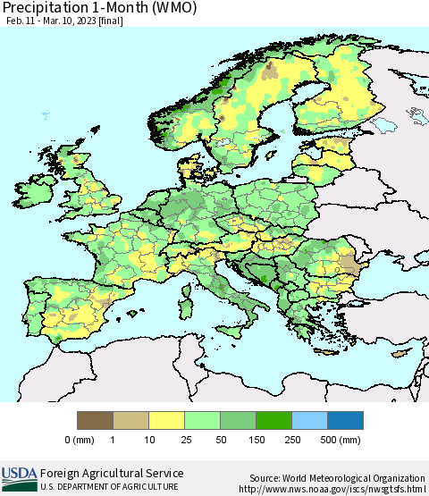 Europe Precipitation 1-Month (WMO) Thematic Map For 2/11/2023 - 3/10/2023
