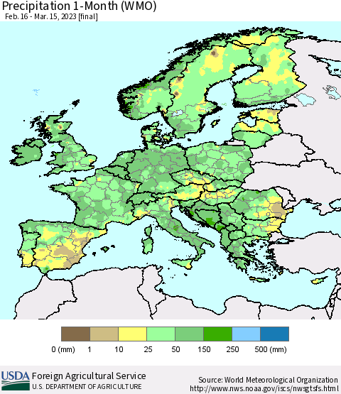 Europe Precipitation 1-Month (WMO) Thematic Map For 2/16/2023 - 3/15/2023