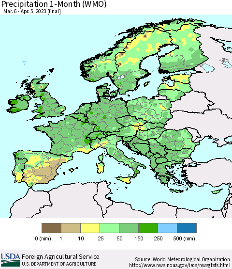 Europe Precipitation 1-Month (WMO) Thematic Map For 3/6/2023 - 4/5/2023
