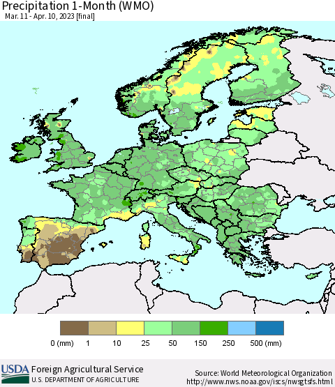 Europe Precipitation 1-Month (WMO) Thematic Map For 3/11/2023 - 4/10/2023