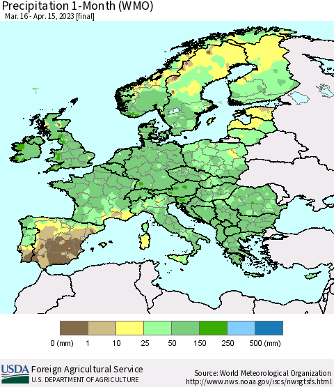 Europe Precipitation 1-Month (WMO) Thematic Map For 3/16/2023 - 4/15/2023