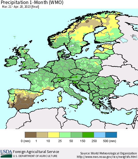 Europe Precipitation 1-Month (WMO) Thematic Map For 3/21/2023 - 4/20/2023