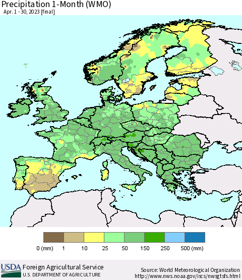 Europe Precipitation 1-Month (WMO) Thematic Map For 4/1/2023 - 4/30/2023