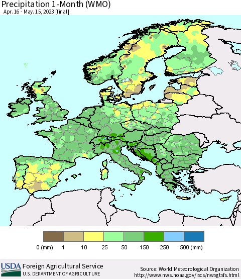 Europe Precipitation 1-Month (WMO) Thematic Map For 4/16/2023 - 5/15/2023