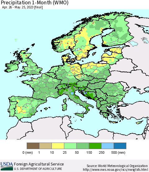 Europe Precipitation 1-Month (WMO) Thematic Map For 4/26/2023 - 5/25/2023