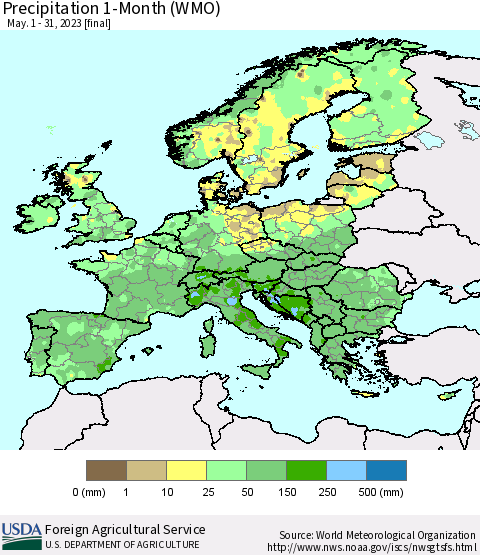 Europe Precipitation 1-Month (WMO) Thematic Map For 5/1/2023 - 5/31/2023