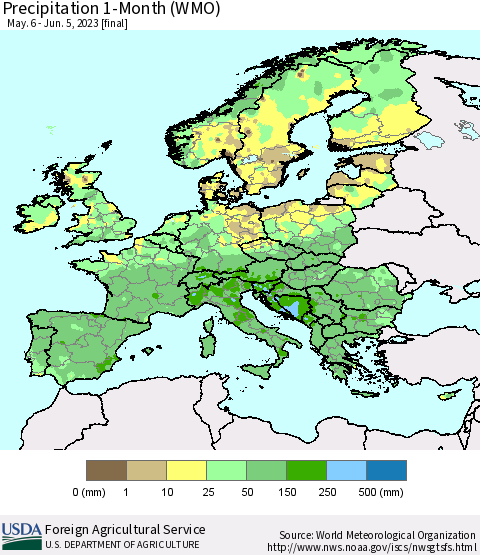 Europe Precipitation 1-Month (WMO) Thematic Map For 5/6/2023 - 6/5/2023
