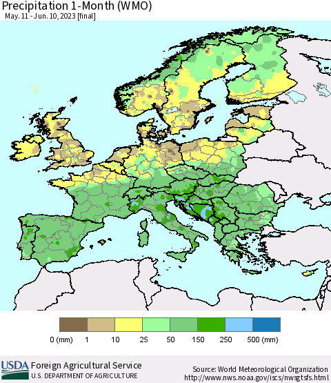 Europe Precipitation 1-Month (WMO) Thematic Map For 5/11/2023 - 6/10/2023