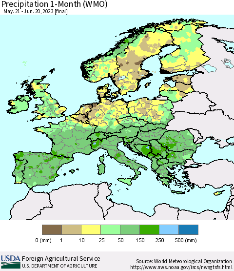 Europe Precipitation 1-Month (WMO) Thematic Map For 5/21/2023 - 6/20/2023