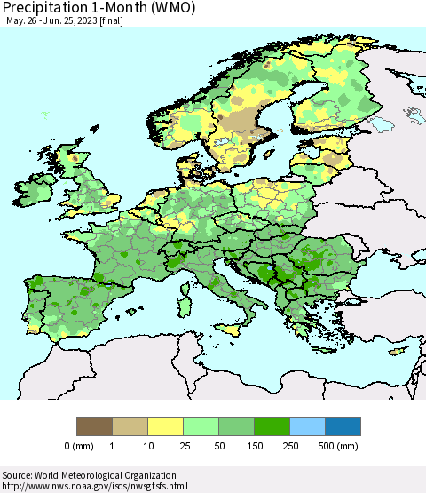Europe Precipitation 1-Month (WMO) Thematic Map For 5/26/2023 - 6/25/2023