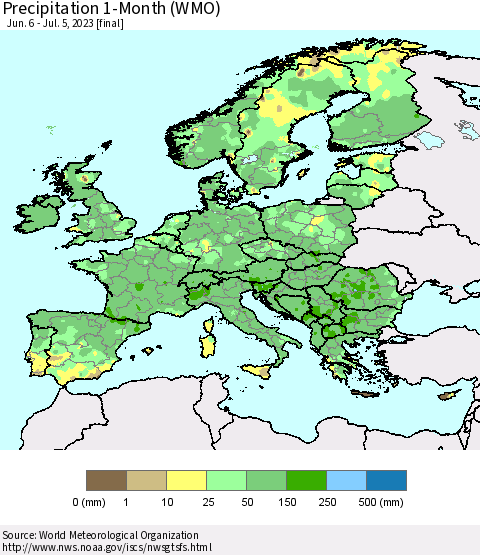 Europe Precipitation 1-Month (WMO) Thematic Map For 6/6/2023 - 7/5/2023
